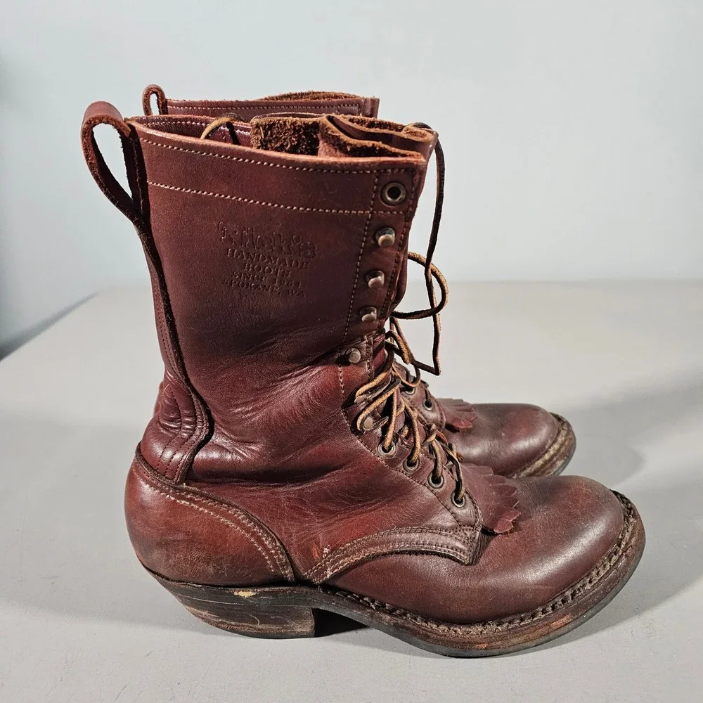Nicks Handmade Boots Logger Men 11.5 D Brown Leather Vibram Kiltie Spokane